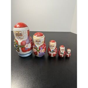 Santa Wooded Russian Nesting Dolls Set Of 5 Signed Hand Painted Exc. Condition